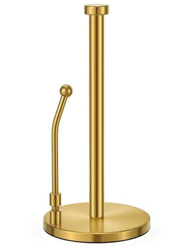 SMARTAKE Paper Towel Holder, Paper Towel Dispenser Standing Weighted Base Non Slip, Spring Arm Fit Most Size Paper Roll, Stainless Steel Kitchen Roll Stand for Home Kitchen Countertop Tabletop, Gold