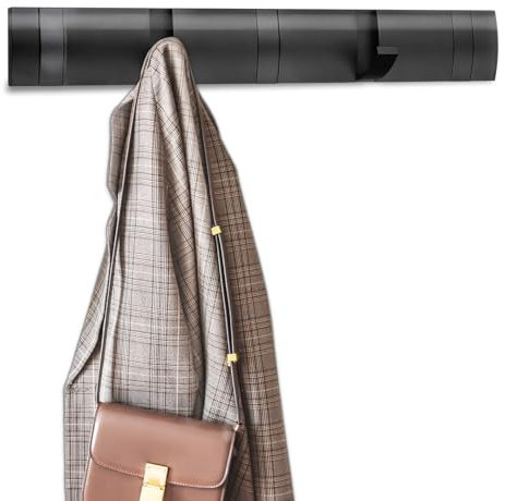 Kssvzz Garderobenhaken mit 5 Beweglichen Haken, Moderne Kleiderhaken Wand für Schlafzimmer Bad Küche, Garderobenleiste für Jacken, Mäntel, Schals, Handtaschen und Mehr, Schwarz