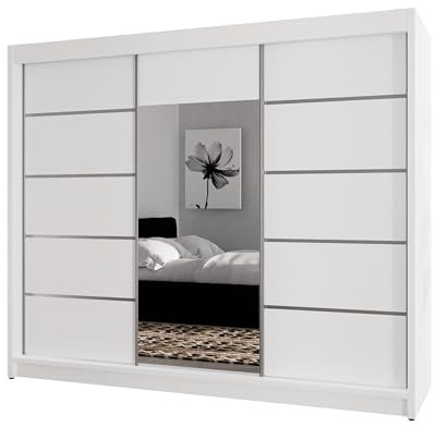 BEAUTY SOFA Monika - Schrank mit Spiegel - Kleiderschrank mit Schiebetüren - Schubladen im Inneren - Garderobenschrank, Mehrzweckschrank, Flurschrank, 200 cm breit - Schrank Weiß Silberne Sprossen