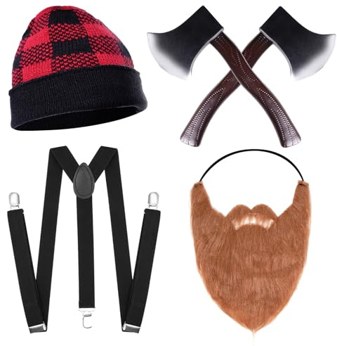 Set di 5 costumi da boscaiolo per adulti, cappello a quadri da boscaiolo, barba finta, ascia in schiuma, bretelle per Halloween e feste in costume, nero, taglia unica
