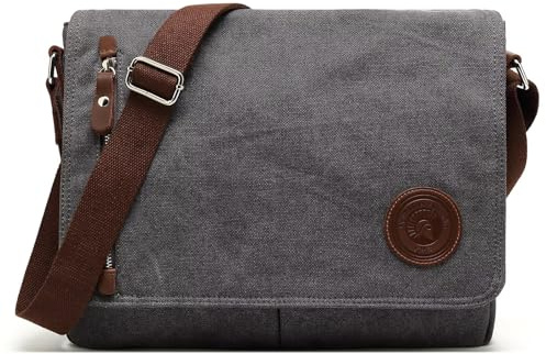 Sunborls Herren Damen Umhängetasche Canvas & Echtleder Messenger Bag Satchel Student Bag Aktentasche für 14 Zoll Laptop, grau