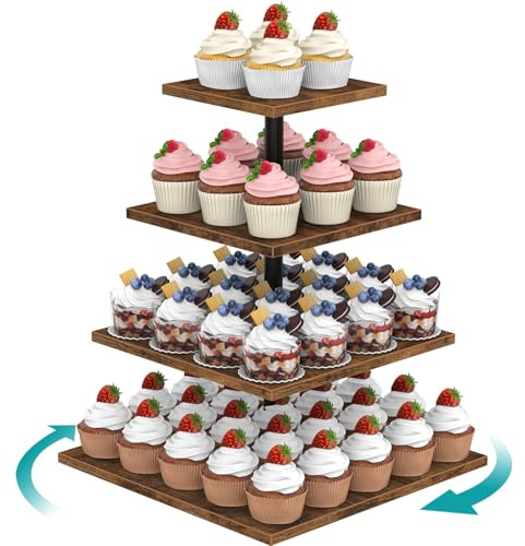 ELITEROO 4 Tier Cupcake Stand, 360 Rotating Cupcake Stand for 50 Cupcakes, Square Tiered Cup Cake Tower Holder, Wooden Dessert Display Stands for Party Wedding Graduation Birthday Baby Shower