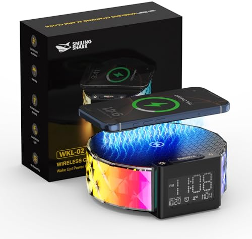 Smiling Shark Despertador Luz, Reloj Lámpara de Noche Cargador Inalámbrico con Control Táctil 3 Luz Cálida y RGB Modo Luces Nocturna Despertador Carga con Pantalla LCD para Adorno Habitación