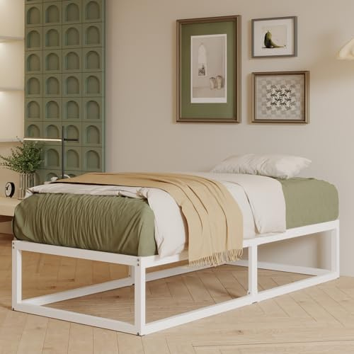 EMODA Cadre de lit 90 x 190 cm, Cadre de lit Simple avec Métallique à Lattes, 36 cm de Haut, Grand Espace de Rangement, Structure Stable, Montage Facile, Silencieux, Blanc