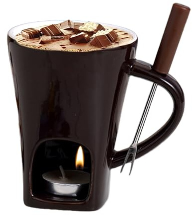 Generisk chokladfondue-, med en fonduegaffel och ett av keramik, säker personlig smältkopp – för skojs skull, familj, fest, sammankomst, dessert, semester, fest och