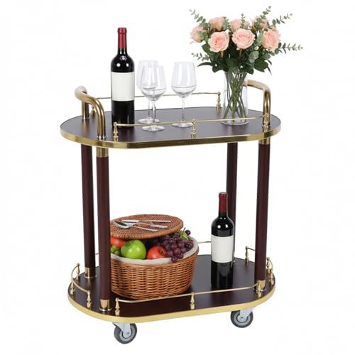2 Tier Small Bar Cart with Lockable Wheels Fully Assembled Home Bar & Serving Carts with Guardrail Wooden Trolley Wine Rack for Kitchen Living Room Hotel Wine/Tea Serving