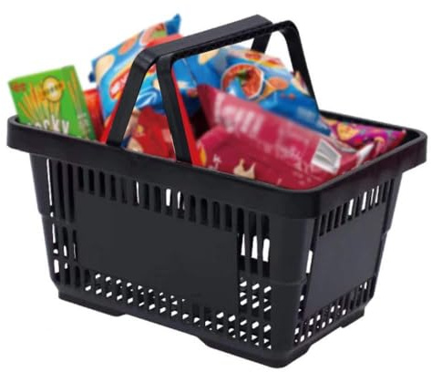 Lote de 12 cestas de plástico PP 28L capacidad 10 Kg, apilables rectangulares, negro, cestas de compras con asas para supermercado, tienda, transporte, verduras, frutas y juguetes resistentes