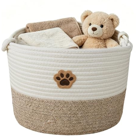 SIMDAO Dog Toy Basket, Cotton Rope Dog Toy Storage, Dog Toy Box Organizer Baskets with Handle, Dogs Toy Bin for Pet Supplies, Blankets, Leashes for All Pet 34 x 27 x 22cm (Brown)