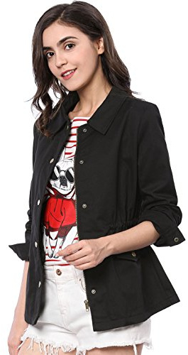 Allegra K Women's Utility Jacket Zip Up Drawstring Waist Snap Buttons Lightweight Anorak Jackets with Pockets Medium Black