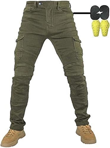 Hombres Pantalones De Motociclismo para Pantalones De Carreras De Motocross con Pantalones Anti Caída,Jeans de Moto, 4 x Equipo de protección (XXL= 36W / 32L, Ejercito Verde)