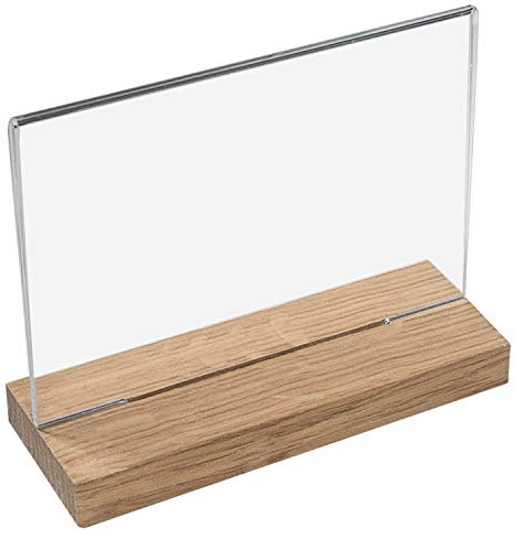 HMF 46945 Acryl Tischaufsteller mit Holzfuß | DIN A4 Querformat | Glasklar