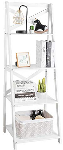 GIANTEX Leiterregal Holz 4 Ebenen, Standregal Bücherregal modern, Stufenregal Treppenregal viel Stauraum, Pflanzenregal Dekoregal für Wohnzimmer, 50,7x46,1x142,5 cm (1, Weiß)