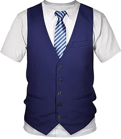 TiaoBug Jungen Kurzarm T-Shirt Rundhals Tee mit Hemd Anzugweste Krawatte Aufdruck Lustiges Shirt Party Tops Unterhemd Schule Uniform Blau 140-146