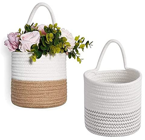 2 Pezzi Cestino Per Piante, Coprivaso Per Piante Da Interno, Cestini da Parete in Intrecciato, Cesto Portaoggetti Cotone, Cestini Portaoggetti in Corda di Cotone, per Bagno Cucina o Porta, 18x19cm