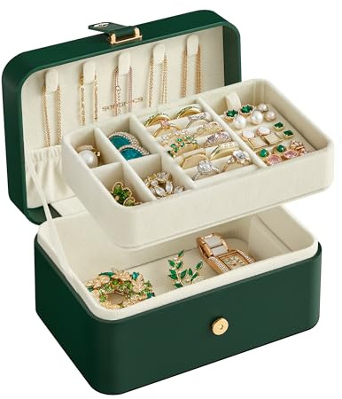 SONGMICS Jewelry Organizer Box, Travel Jewelry Case, 2-Layer Travel Case for Earrings, Necklaces, Bracelets - Portable Jewelry Storage with Large Capacity, Gift Idea, Forest Green UJBC166C01