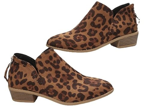 SWZEC Femme Bottines Cheville Classique Faux Suede Vintage Zippées Chunky Chelsea Bottes Dames Bout Pointu Basse Boots Taille 36-42 EU (39,imprimé léopard)
