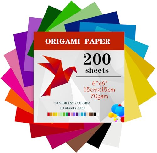 200 Feuilles de Papier Origami Double Face 15x15 cm (70gsm) - 20 Couleurs de Petits Carrés pour Enfants, École, Projets d'Art et de Bricolage, Adultes