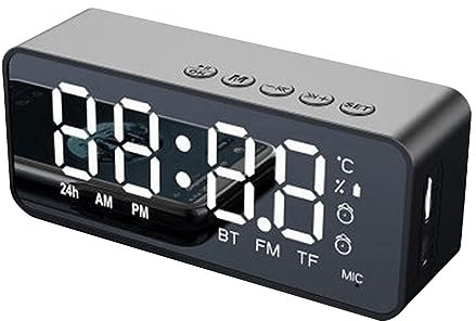 Hanabitx Enceinte Bluetooth sans G50 avec Radio-Réveil, Lecteur de Carte FM Mini, Affichage de la Température, Miroir Audio, Noir, Durable, de Haute Qualité.