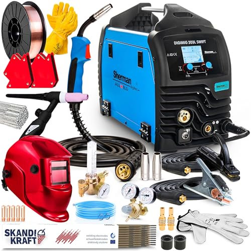 Sherman DIGIMIG 203L Swift - Soldador Inverter Profesional con Gas 200A - Máquina de Soldar con Inductancia, Soldadura por Puntos, ATC - Soldadura: MIG/MAG, MMA, TIG - Set Professional