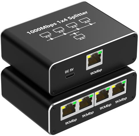 Omivine Ethernet Splitter 1 auf 4, Gigabit Netzwerk Splitter, 1000Mbps RJ45 LAN Splitter mit USB-C Stromkabel für Computer, Hub, Switch, Router, ADSL, Digital TV, etc. gleichzeitig Arbeiten (1 auf 4)