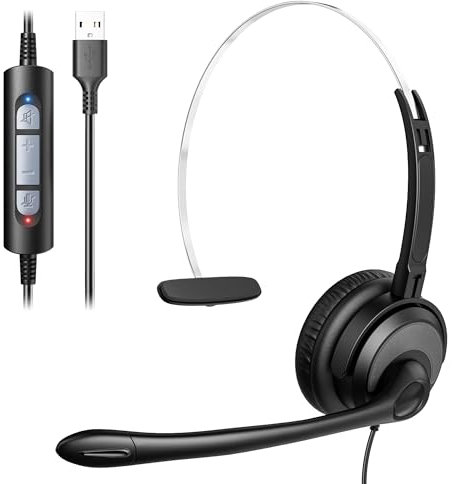 Voistek USB Auriculares con Micrófono, Ligeros de Tipo On-Ear con Cable de 160 cm, Micrófono con Cancelación de Ruido para PC, Portátil, Ordenador, Mac, Oficina, Skype, Teams, Zoom
