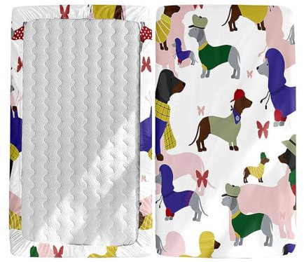Hiseng 2 Stück Baby Spannbettlaken Bettlaken für Oval & Eckige Matratzen, Weiche Mikrofaser Spannbettlaken Kinderwagen Matratzenschoner für Beistellbett & Kinderwagen (Bunter Dackel,65x95cm)