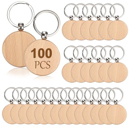 TOLIDA Lot de 100 porte-clés ronds en bois vierge de 4 cm pour bricolage personnalisé