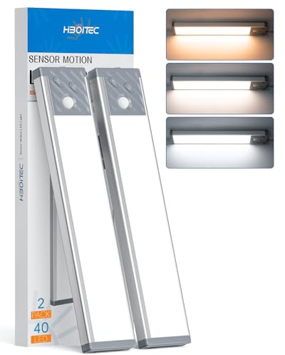 HIBOITEC Luz Led Cocina Brillo Ajustable, Luces Armarios con Sensor Sin Cable, 3 Colores Luz Cocina Bajo Mueble USB Recargable Led Armario para, Armario, Pasillo (3 Color Temperaturas, 22,5CM)
