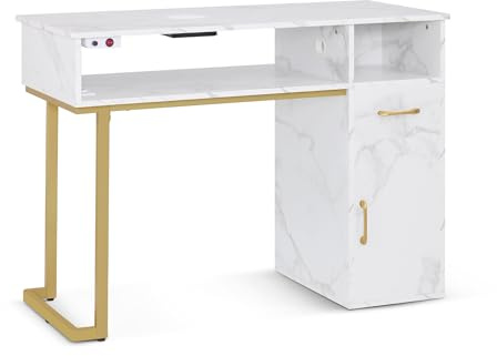 Barberpub Table de manucure avec tiroir et Armoire, Table à Ongles avec Aspiration, 3 Prises, Coiffeuse à Ongles en Bois, Bureau pour Salon de manucure, marbre Blanc Or, 2491