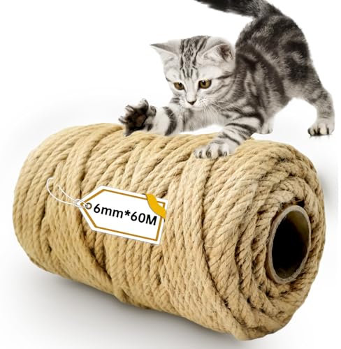 Avagiaforu Corde Arbre à Chat 60M X 6MM, 1 Pièces Corde en Sisal Naturel, Ficelle Arbre à Chat, Corde Sisal pour Remplacement, Décoration de Maisons, Jardinage