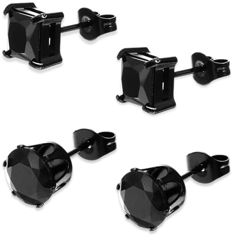 Mabor 2 Pairs Black Stud Earrings for Men Women Stainless Steel Square Round CZ Mens Earrings Studs Jewelry Set for Sensitive Ears(Black Color)