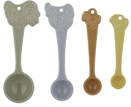 Mason Cash Home to Roost 4-Piece Measuring Spoon Set Stoneware Folk-Inspired Hen and Cockerel Style, Ergonomic Handles