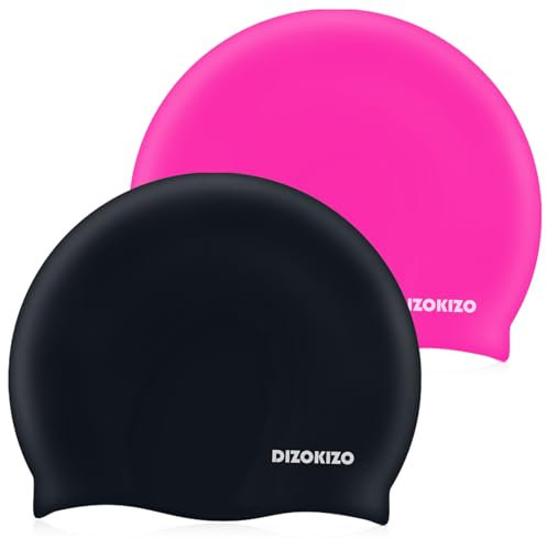 Dizokizo 2 Stück Hoch Elastische Silikon Schwimmhaube für Frauen und Männer, Bequeme rutschfeste Schwimmkappen für Langes und Kurzes Haar, Hält Haar Trocken (Rosenrot & Schwarz)
