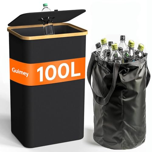 Guimey Contenitore da 100 l con coperchio e foro – raccoglitore di bottiglie con borsa per il trasporto e maniglie, per cucina, balcone e ripostiglio