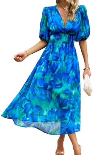 BSLVWG Women Bohemian Maxi Dress Ladies V Neck Floral Print High Waist Boho Summer Beach Flowy Swing Vacation Long Midi Dresses (UK, Alpha, M, Regular, Regular, Blue)