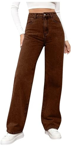Jeans with Straight Leg High Waisted Stretchy Wide Leg Denim Pants with Pockets Ladies Loose Fit Jeans Pull on Trendy Denim Pants Stretch Comfy Trousers Casual for Everyday Wear (Brown, L)
