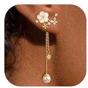 Boucles d'oreilles longues en or pour femme,Ornées de fleurs élégantes– Bijoux fantaisie raffinés pour femmes, boucles d’oreilles perles mariage, soirée, demoiselles d’honneur, accessoires cadeaux