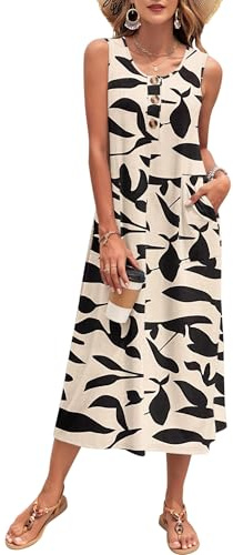 PLOKNRD Robe Longue Femme Été - Robe sans Manches Maxi Plage à Boutons avec Poches - Robe Décontractée Tank Top pour Vacances