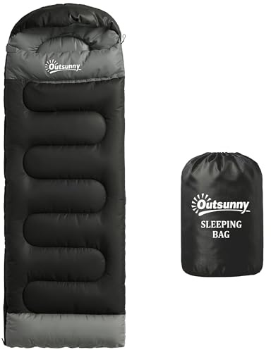 Outsunny Sac de Couchage Adulte, avec Section Tête, Fermeture Éclair et Sac de Rangement, Coton Creux 300 g/m², Sac de Couchage Portable pour Camping Randonnée, Noir