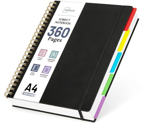 RITOLLO 360 sidor A4-spiralanteckningsbok med 5 fack, linjerad i collegestil, 100 GSM tjockt papper, stor anteckningsbok med avtagbara skiljeblad för skola, kontor, studier och arbete