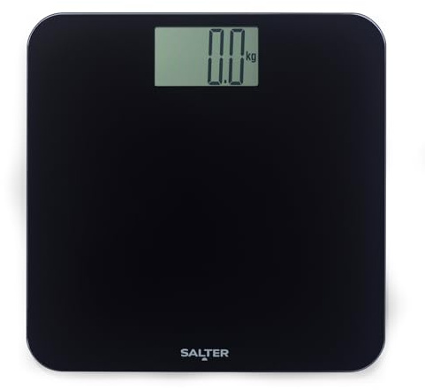 Salter Digital personvåg – Badrumsvåg med stor LCD-skärm, 180 kg, hög precision 0,1 kg, kroppsfettvåg, kompakt 6 mm glas, 31 x 31 cm, svart