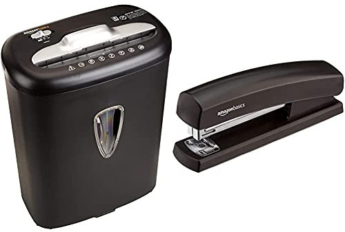 Amazon Basics - Hochsicherheits-Kreuzschnitt-Aktenvernichter für 7-8 Blätter, für Papier und Kreditkarten & Heftgerät mit 1.000 Heftklammern, Schwarz