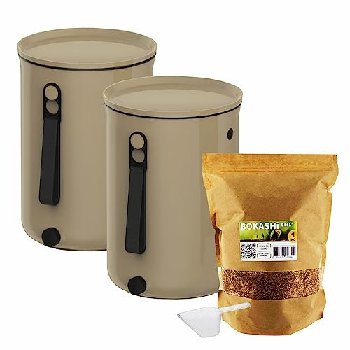 Moutta | Set of 2 Bokashi Organko 2 Cappuccino buckets (9.6L) | Organic Composter with compactor + 1 kg EM-1 Activator