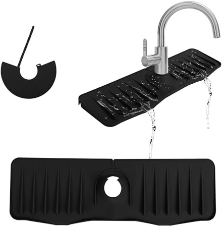Nicola Silicone Faucet Mat, Faucet Sink Splash Guard, Water Catcher Mat, Silicone Faucet Handle Drip Catcher Tray, for Kitchen & Bathroom Countertop Protect Black