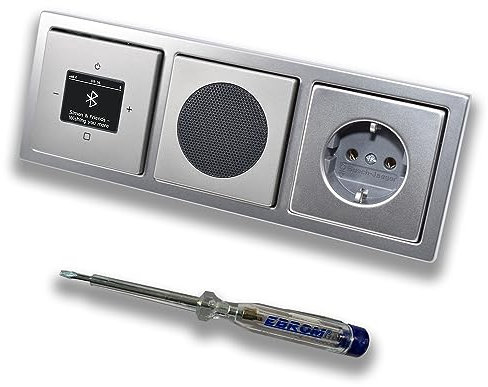 Busch Jäger DAB+ 8217U-101 PUR Radio encastrée Bluetooth (en et en sortie) en acier inoxydable avec haut-parleur, couvercles, prise de courant, cadre + testeur de phase EBROM pour montage d'appareils