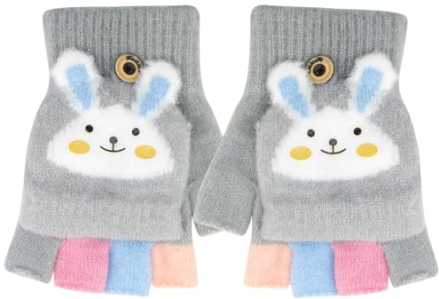 Zolunu Guantes para niños sin dedos Invierno cálido convertible Flip Top Guantes suave forro de punto y elástico Cute Cartoon para Niños Niño Niñas 7-10 Años (Gris)
