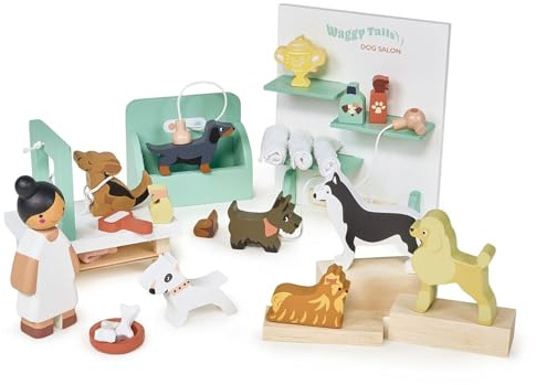 Tender Leaf Toys - Waggy Tails Dog Salon Wooden Interactive Pet Care Grooming Play Set for Kids Fun Role-Play Learn Responsibility Improve Fine Motor Skills Gift Lovers Age 3+