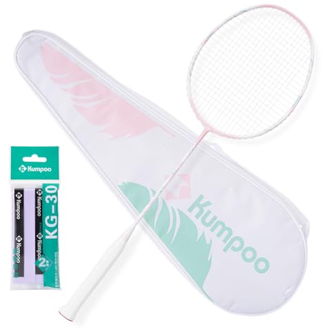 KUMPOO Badminton Racket Professional, 5U Carbon Fiber Badminton Racket Lightweight for Outdoor, Garden, Backyard, Pink Badminton Racquet Set with Grip and Bag, YULING Pink