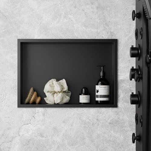 KEOKBON Niche de douche sans carrelage 48 x 33 x 10 cm, étagère unique en acier inoxydable, étanche, résistante à la rouille, niche murale encastrée pour salle de bain, rangement de douche, nano noir
