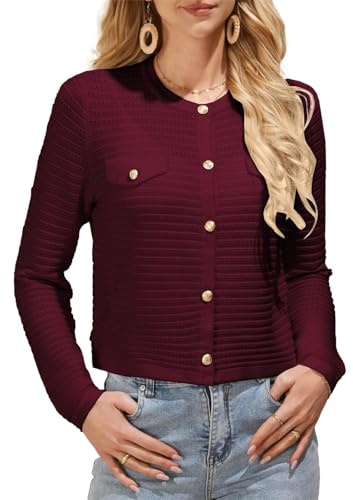 GRACE KARIN Women's Button Cardigan Long Sleeve Crew Neck Knitwear Summer Sweater Cardigans Red M